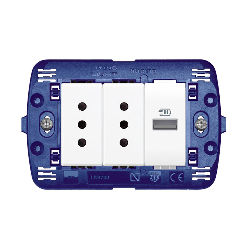 Cargador USB Tipo A + Toma Doble 2P+T 10A 250V Blanco Living Light Semi Armada